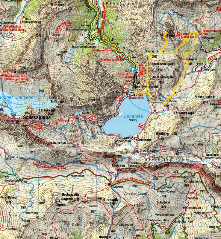 ratikon mapa 2013.07.07.jpg - Třetí den vyrážíme od Lünersee na Saulakopf (2517 m n. m.). Tentokrát pěkne kolem.